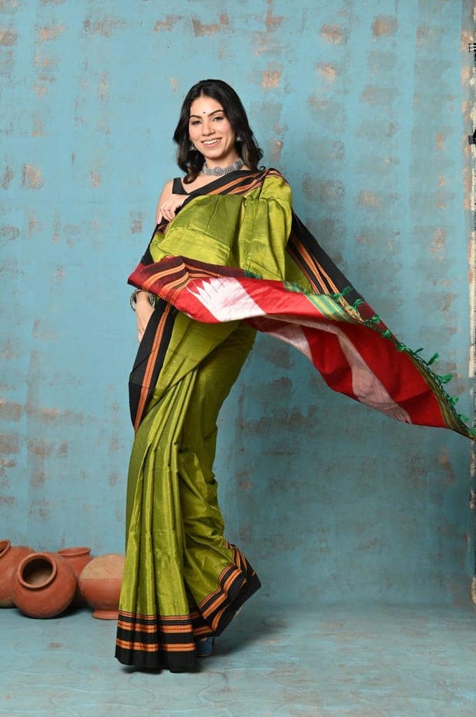 Tyohaar ~ Traditional Handloom Dual Tone Green Ilkal Cotton Viscose with Red Pallu view 2