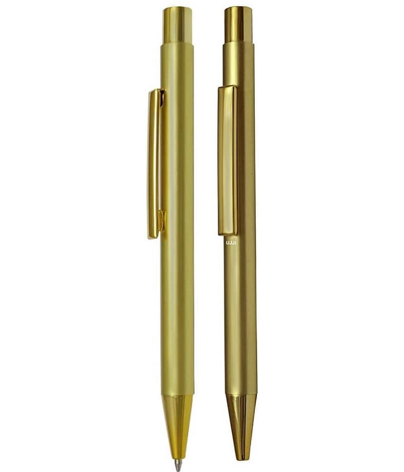 UJJi Shiny Gold Click ON OFF Pack of 2pcs (Blue Ink) Ball Pen