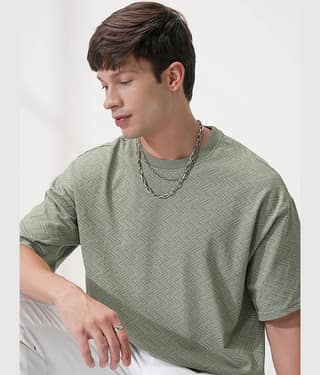 Locomotive Men 100% Cotton Relaxed Fit Self Design T-Shirt ( Green )