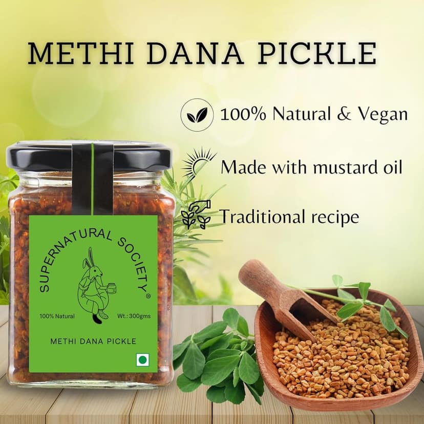 Supernatural Society - Pickle Methi 300G | Green Chilli Pickle Methiya Dana Achar Chutney | Paste and Marinade Glass Pack Made with Organic Mustard Oil view 2