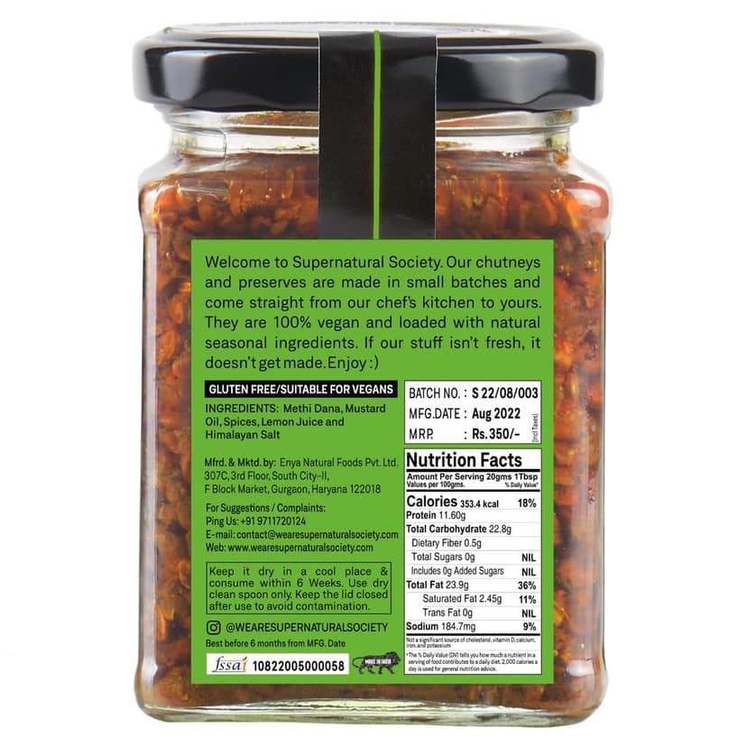 Supernatural Society - Pickle Methi 300G | Green Chilli Pickle Methiya Dana Achar Chutney | Paste and Marinade Glass Pack Made with Organic Mustard Oil view 4