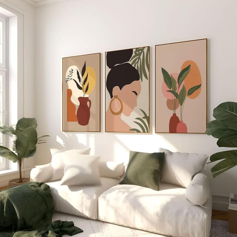 Rustic Charm Set of 3 Minimal BohoFloral Pot Wall Painting for Home Decor | Abstract Plants|13 x 18 inches (A3)|Black view 2