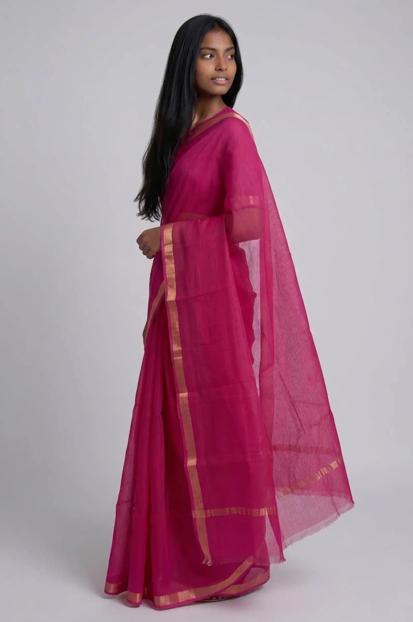 Kota Doria Cotton Saree Magenta Pink Gold Zari Border view 2
