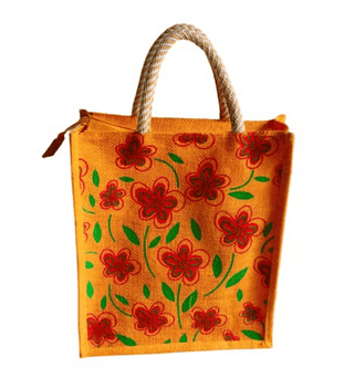Vibrant Orange Floral Jute Tote Bag with Rope Handles & Zipper Closure