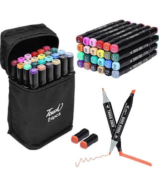 Dual Tip Art Markers-24 Colours With Carrying Case For Painting Sketching Calligraphy Drawing-Odorless Non Toxic Twin Head Permanent Colouring Marker For Kids Adult Beginners|Multicolor