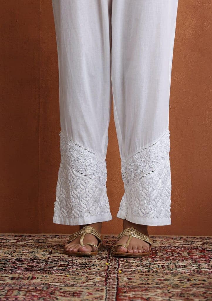 Cotton Chikankari Solid Women's Pants With Lace - White view 2