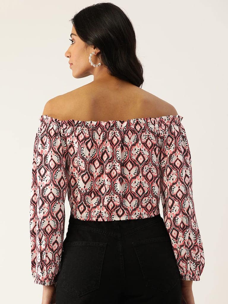 White & Black Printed Off-Shoulder Blouson Crop Top view 3