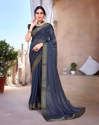 Lycra Saree with Lace Border (Color - Grey) by SHIV TEXTILES