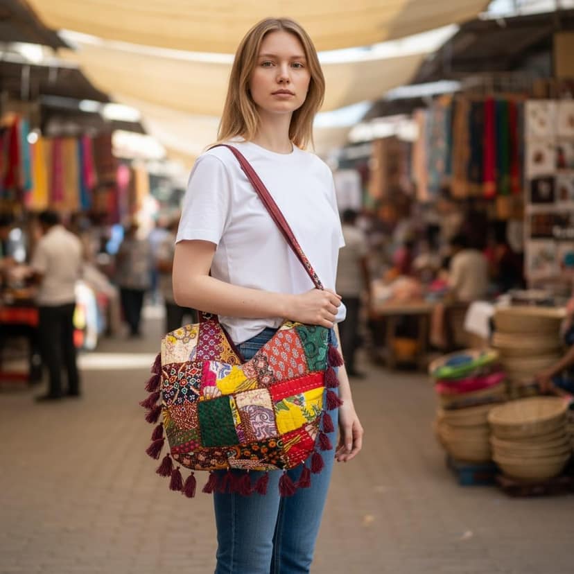 PREET SPICE Rajasthani Patchwork Bohemian Tote Bag, Shoulder Handbag for Women view 3