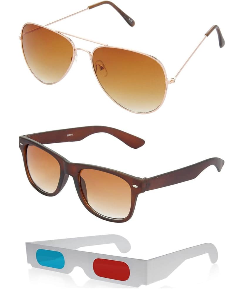 HRINKAR Pilot And Rectangular Stylish Sunglasses For Men And Women (Brown And Brown Lens | Gold And Brown Frame - HCMB017) With Free Paper 3D Glass
