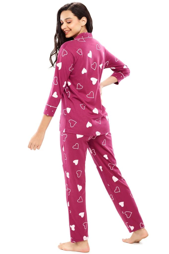 ZEYO Women's Cotton Red Heart Printed Night suit set view 4