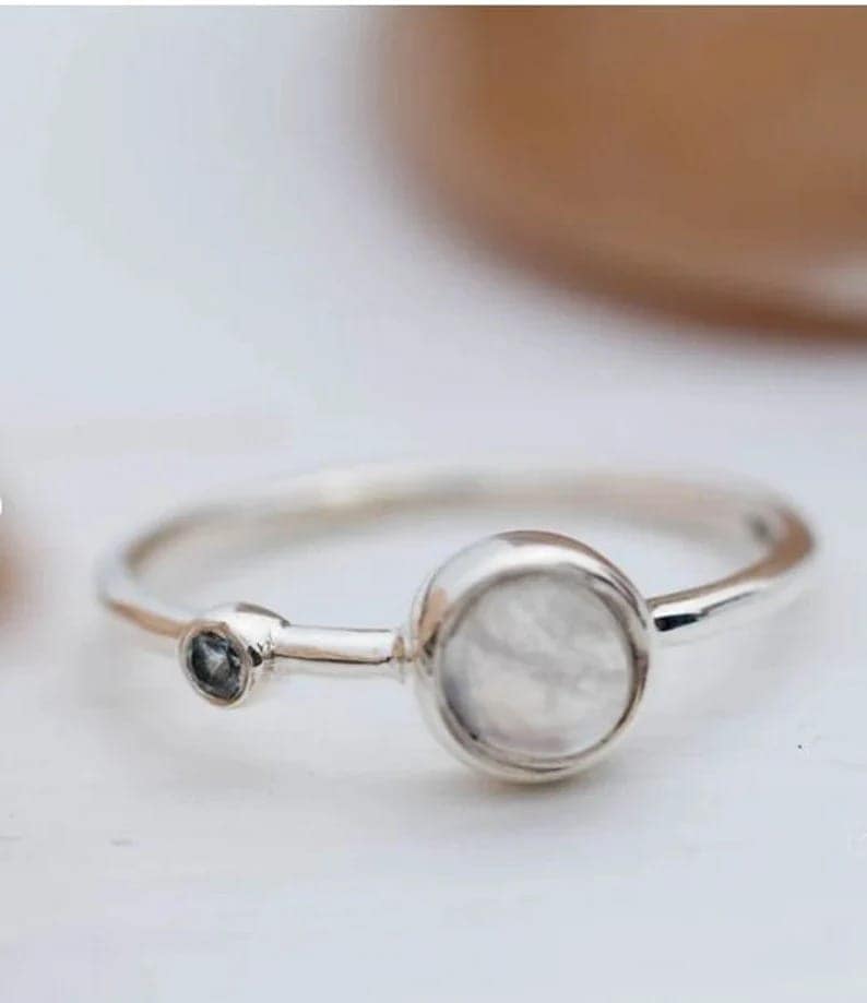 Moonstone & Blue Topaz Ring, 925 Sterling Silver Ring Tow Stone Minimalist Ring, Round Moonstone Handmade Ring Beautiful Jewelry