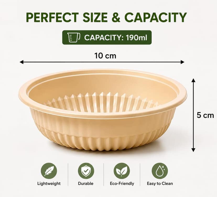 Eco-Friendly Cornstarch Disposable Bowls 190 ml (Pack of 25) – Biodegradable & Compostable, Leak-Proof, Microwave Safe, Plastic-Free Small Bowls for Soup, Curry, Dessert, Party Use (4 Inch) view 2