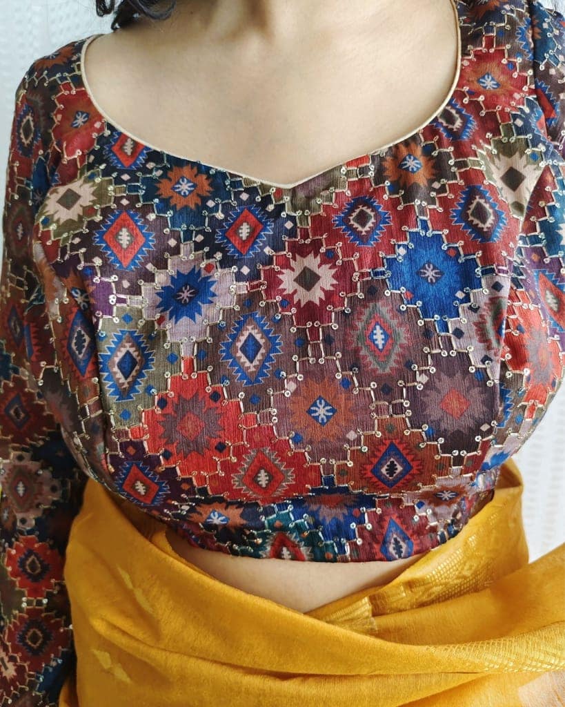 Crepe Silk Stitched Blouse Brown Color Ajrakh Print Embroidery and Sequence Work-7022 view 3