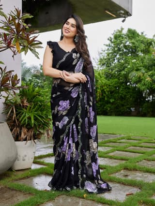 Floral Printed Georgette With Mirror Work Border