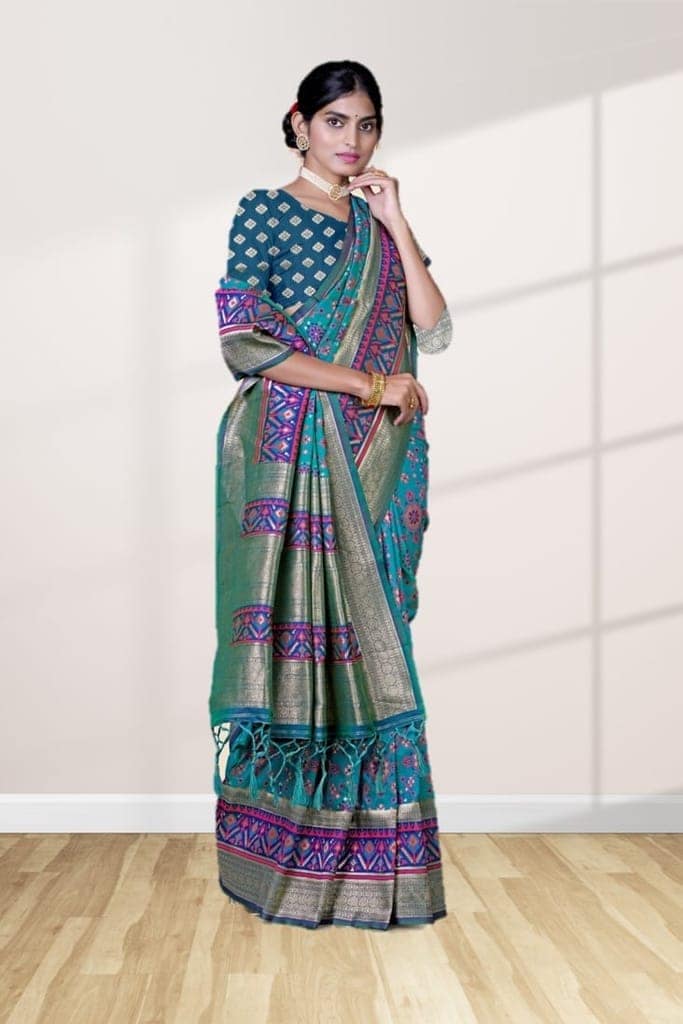 Rama Green Patola Silk Saree view 3