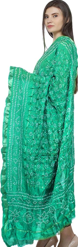 Golf-Green Bandhani Tie-Dye Gharchola Dupatta from Jodhpur with Golden Thread Weave view 2
