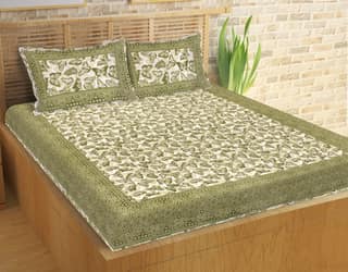 Lali Prints Jaipuri Green Printed Cotton 130 TC Queen Bedsheet with 2 Pillow Covers