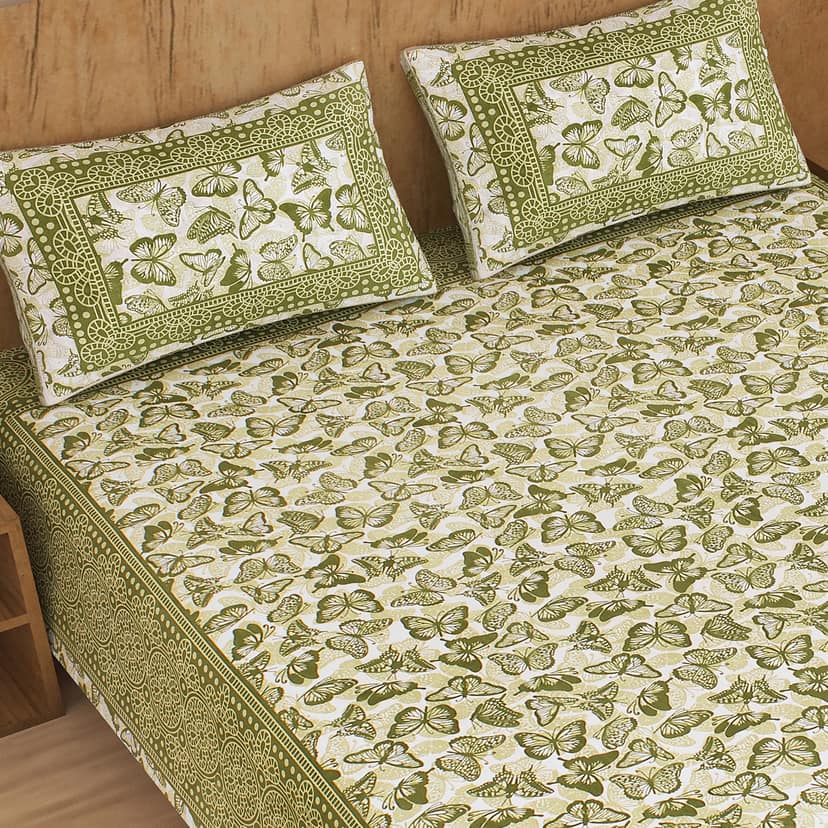 Lali Prints Jaipuri Green Printed Cotton 130 TC Queen Bedsheet with 2 Pillow Covers view 2