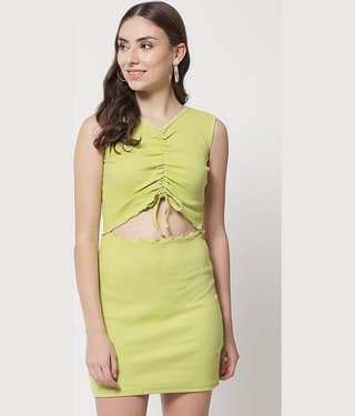 The Dry State Women Cotton Solid Fit & Flare Dress ( Green )