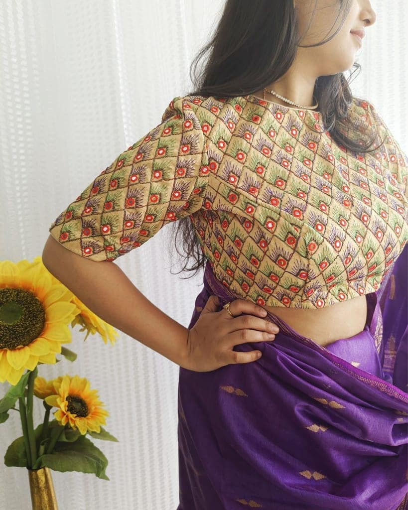 Bangalori Silk Stitched Blouse Beige Color Heavy Embroidery with mirror work-7562 view 2