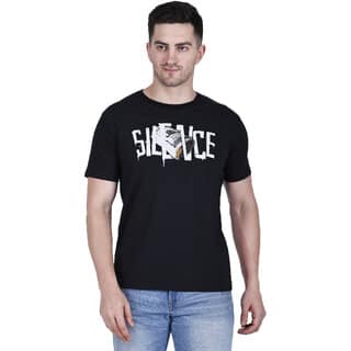Life Dream Mens Black Embellished Cotton Blend Round Neck T-Shirt
