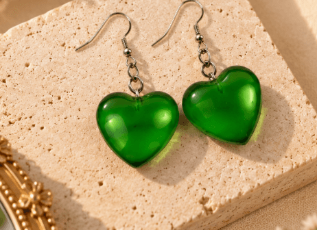 Handmade Green Heart-Shaped Resin Earrings for Women view 2