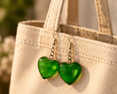 Handmade Green Heart-Shaped Resin Earrings for Women view 3