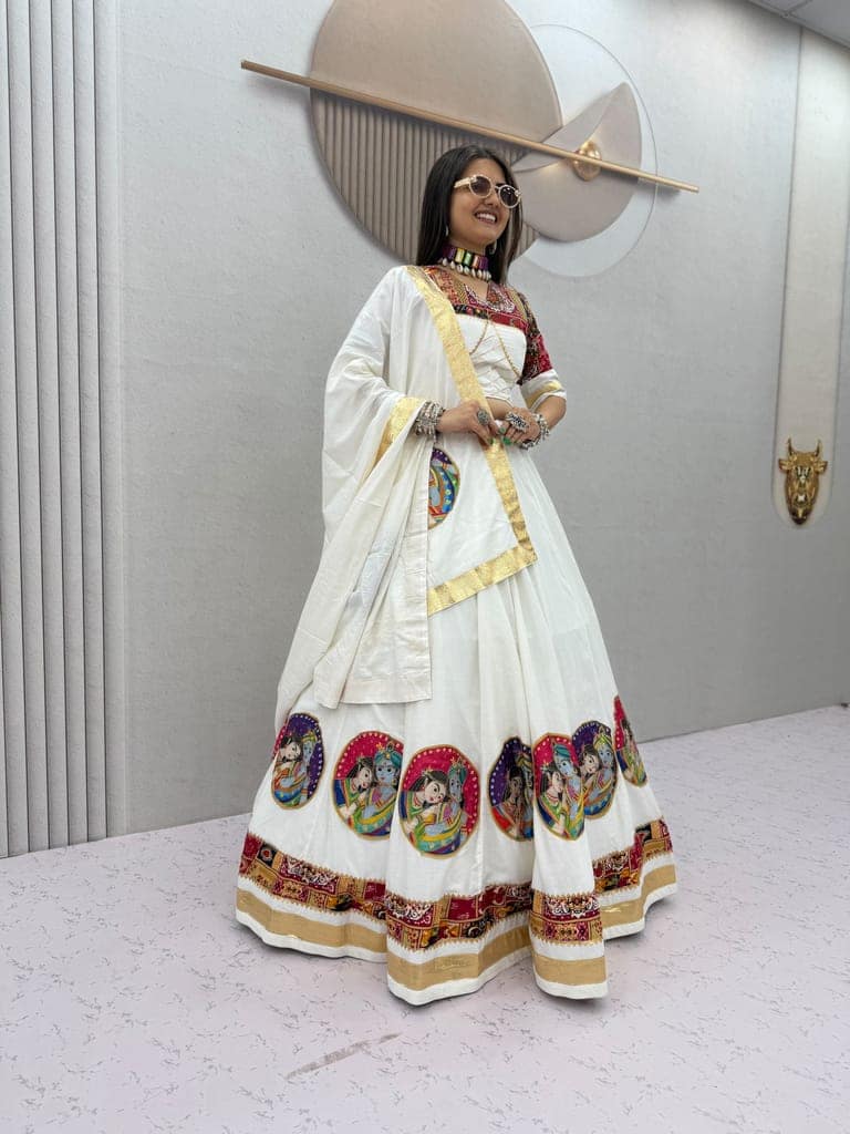 White Pure Cotton Radha Krishna Print Navratri Chaniya Choli Set – 6 Meter Big Flair Lehenga Choli with Dupatta for Garba & Dandiya Raas view 3