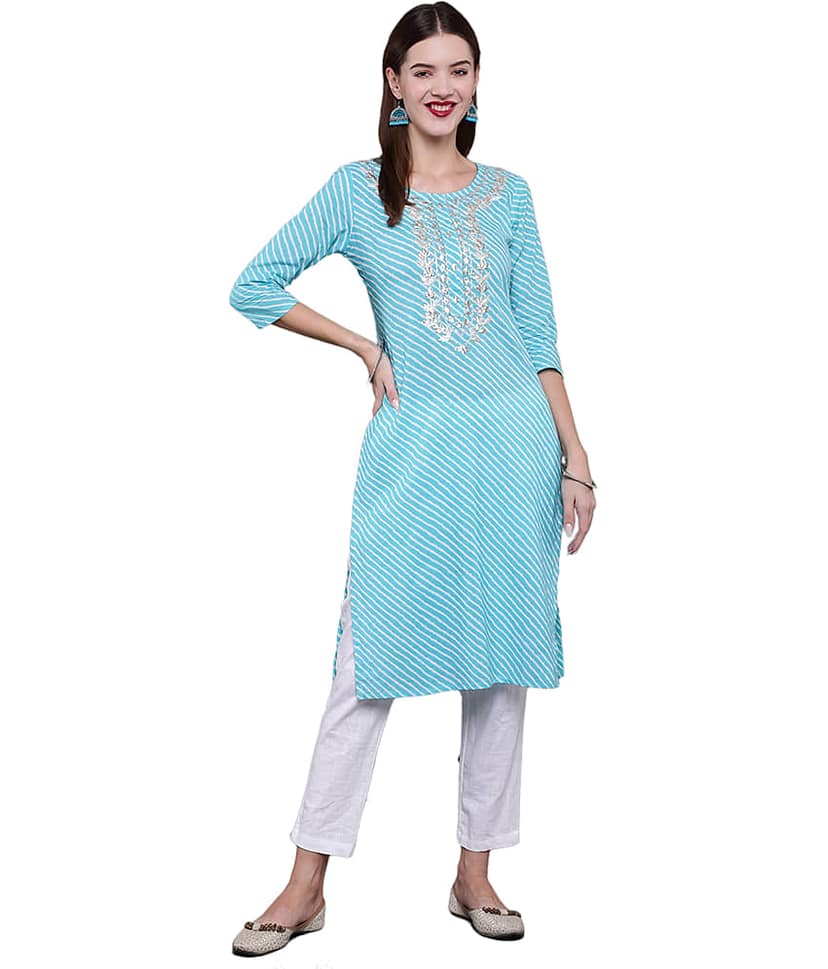 Antaran Cotton Embroidered Straight Women's Kurti - Blue ( Pack of 1 )