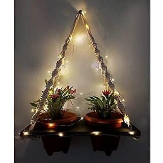 Khush Its Amazing Plant Macrame Hanger Shelf Indoor Hanging Planter Shelf Plant Hanger Shelf Boho Home Decor Cotton Rope with LED Light (Black)