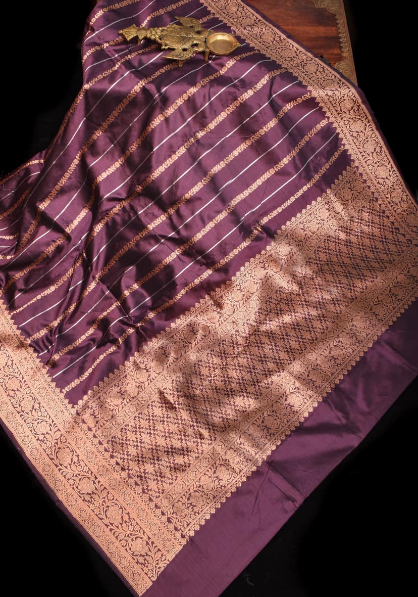 Amethyst Stunning Pure Katan Silk Banarasi Saree with ornate 2 design stripes | SILK MARK CERTIFIED