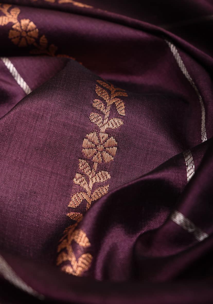 Amethyst Stunning Pure Katan Silk Banarasi Saree with ornate 2 design stripes | SILK MARK CERTIFIED view 2