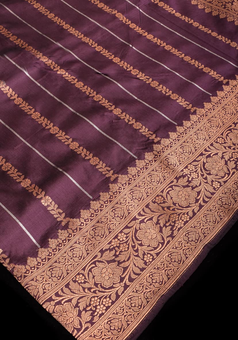 Amethyst Stunning Pure Katan Silk Banarasi Saree with ornate 2 design stripes | SILK MARK CERTIFIED view 3
