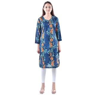 Women's Rayon Fabric Stylish Floral Block Print Kurti Blue