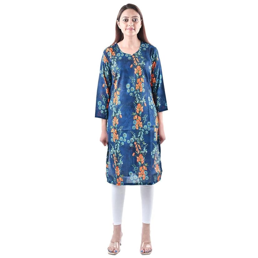 Women's Rayon Fabric Stylish Floral Block Print Kurti Blue