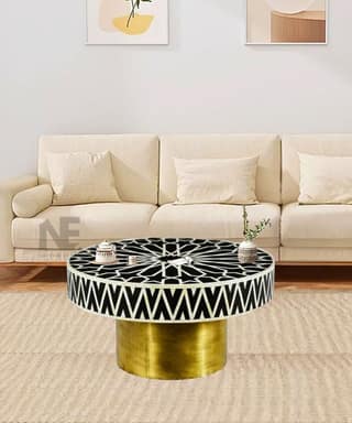 Round Black Bone Inlay Coffee Table | Handmade Center Table with Foldable Brass Legs
