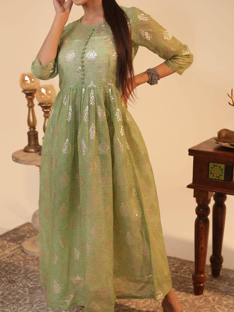 Mint-Green Kota Doria Flared Kurta Dress with Silver-Zari Motifs & Satin Slip | U-Neck, 3/4-Sleeve, Ankle-Grazer Length view 5