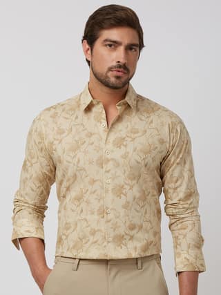 Beige Floral Print Slim Fit Casual Shirt