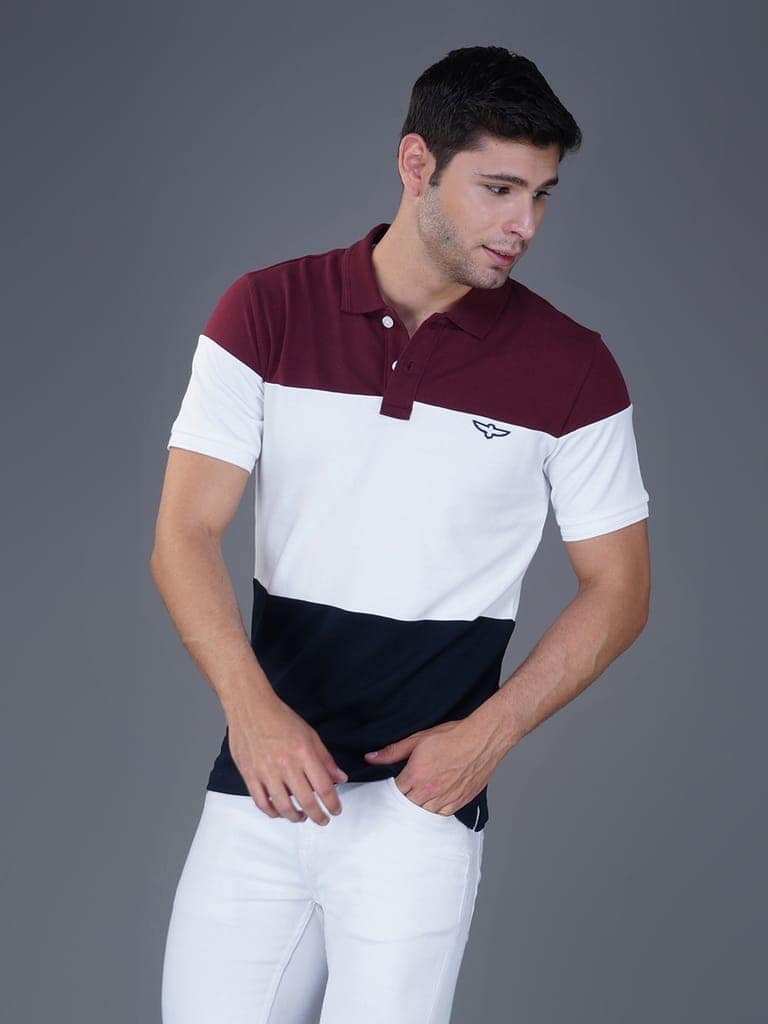 Men’s Premium Cotton Color Block Polo T-shirt Maroon/white/Navy view 3