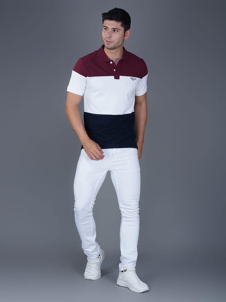 Men’s Premium Cotton Color Block Polo T-shirt Maroon/white/Navy view 5