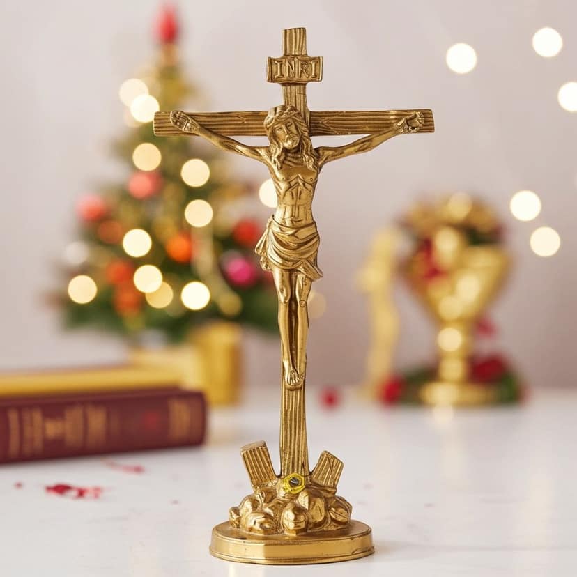Brass Showpiece Jesus & Cross God Idol Statue - Decorative Religious Showpiece For Altar & Church, Height : 12 Inch (BSMAS288) view 2