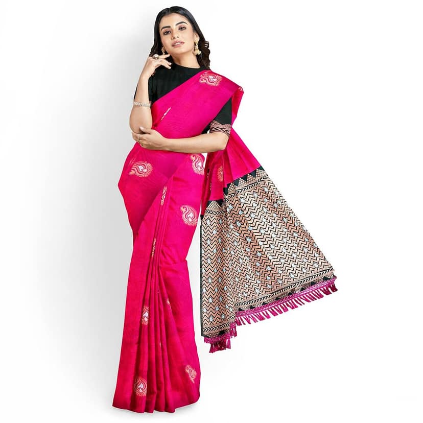 Red Color Silver & Copper Zari Mango Butta Saree with Contrast Blouse view 2