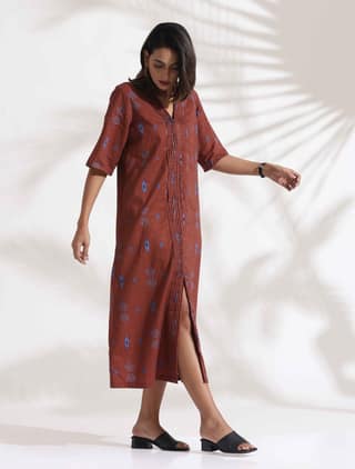 trueBrowns Brown Cotton Print pleated Dress - Brown (XL)
