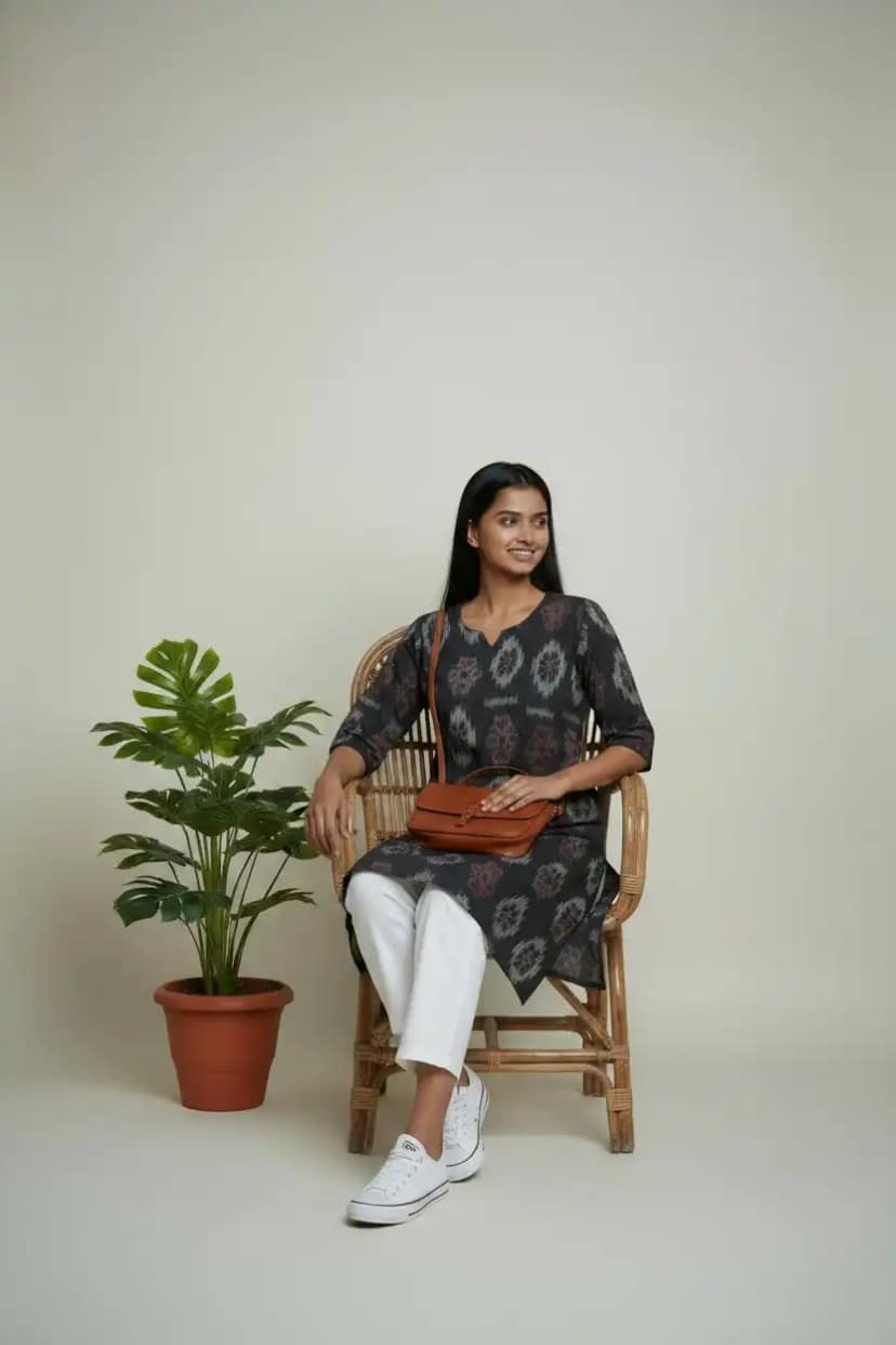 Handwoven Sambalpuri Cotton Kurti in Black with Bandhakala Motifs view 3