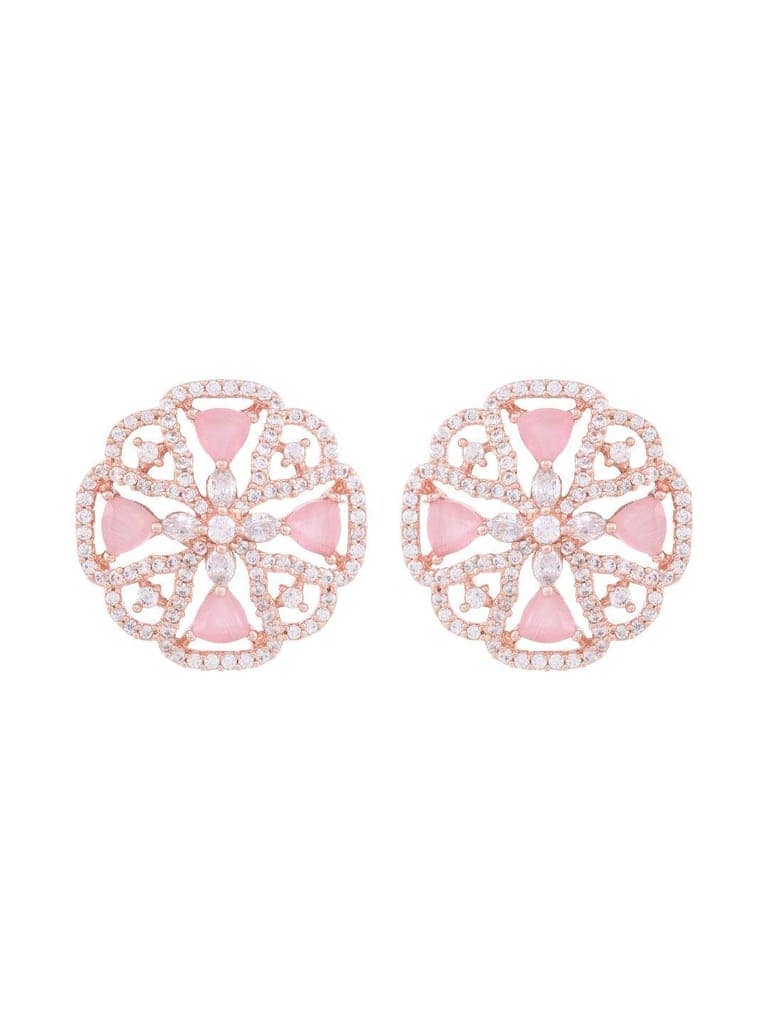 Crown Design Rose Quartz Studs Pastel Pink Tops AD encrusted Rose gold plated Earrings view 2