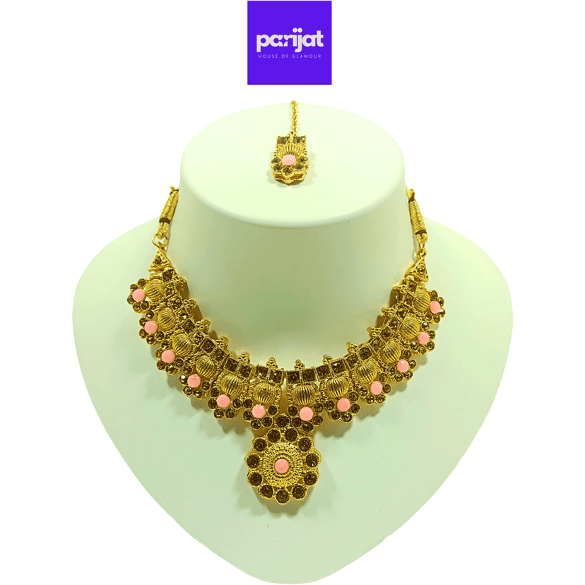 Parijat Elegant Luxury Handcrafted Gold Plated Necklace Jewellery Set with Earrings And Mangtika, Baby Pink Stone view 2