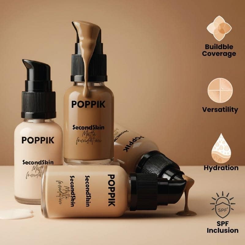 POPPIK Second Skin Matte Foundation 40ml | Paraben & Sulfate Free, Mineral Oil Free, Hydrating Buildable Coverage with UV Protection | Smooth, Natural, Non-Greasy Finish for All Skin Types view 3