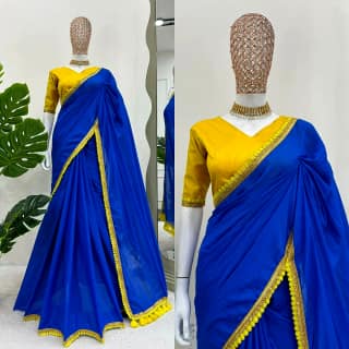 Blue Beauty Mulmul Cotton Saree with Pompoms (Color - Blue) by SHIV TEXTILES