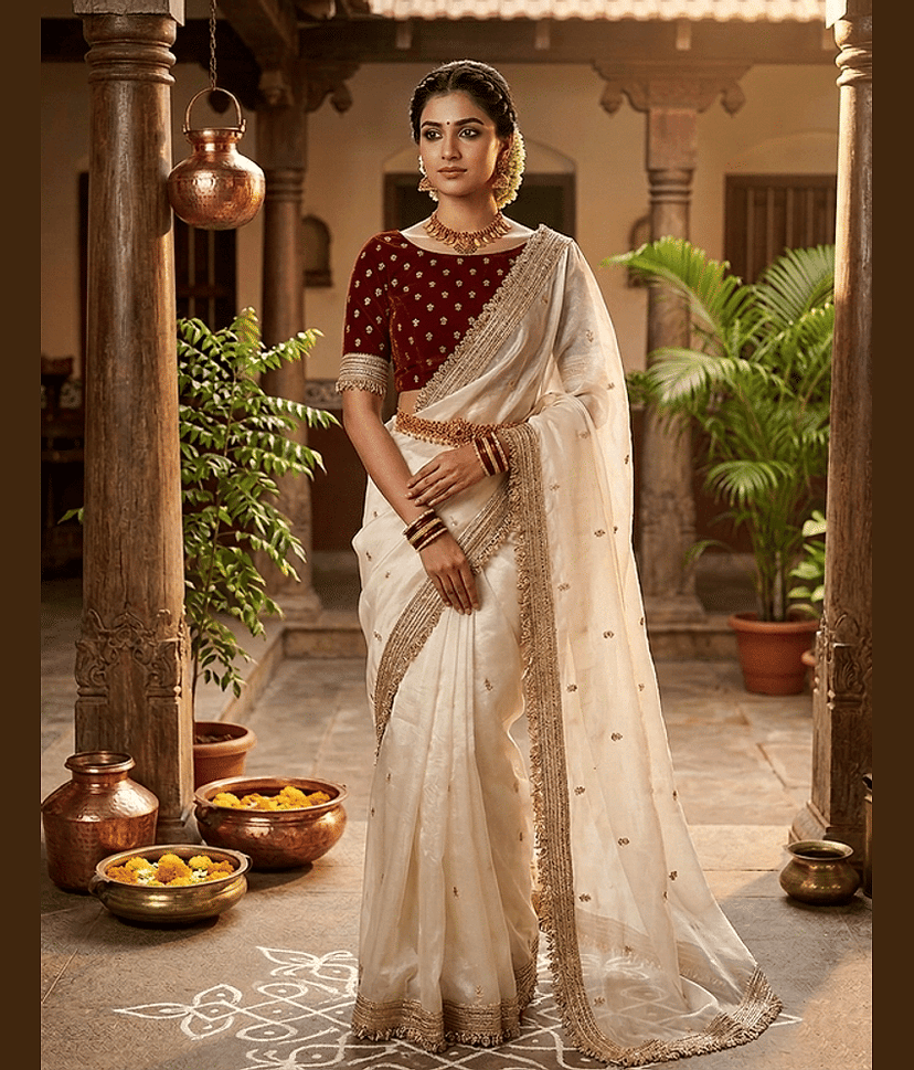 ofline selection Satin Solid Regular Saree With Unstitched Blouse Piece ( Cream )